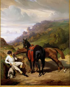 White lad and his horses Painting by Alfred De Dreux (1810-1860). 19th century White lad and his horses Painting by Alfred De Dreux (1810-1860). 19th century