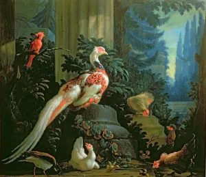 A White Pheasant, a Red Cardinal and Fowl in a Landscape A White Pheasant, a Red Cardinal and Fowl in a Landscape