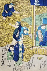 Wicker basket warehouse in Edo, 19th century, ukiyo-e art print from Kabuki theatre Wicker basket warehouse in Edo, 19th century, ukiyo-e art print from Kabuki theatre