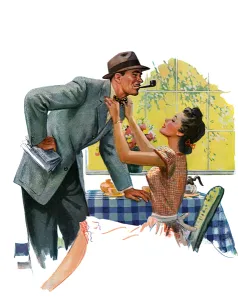 Suburbia Gallery: Wife Adjusting Her Husbands Tie Before He Leaves for Work, 1945 (screen print)