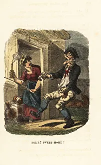 A wife taking a stick to her drunken husband., 1831 (engraving) A wife taking a stick to her drunken husband., 1831 (engraving)