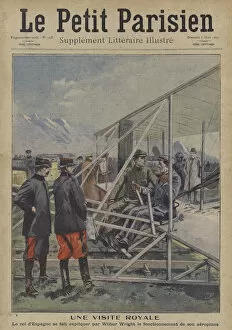 Wilbur Wright explaining the workings of his aeroplane to King Alfonso XIII of Spain (colour litho)