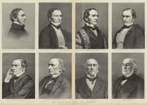 William Ewart Gladstone, portraits, past and present (engraving) William Ewart Gladstone, portraits, past and present (engraving)