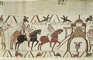 Needlework Gallery: William honours Harold and they ride to Bayeux together, Bayeux Tapestry (wool embroidery on linen)