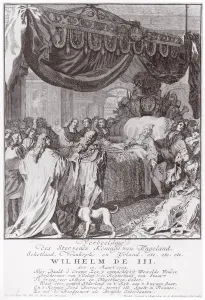 William III (1650-1702) on his deathbed, engraved by the artist (engraving) (b&w photo) William III (1650-1702) on his deathbed, engraved by the artist (engraving) (b&w photo)