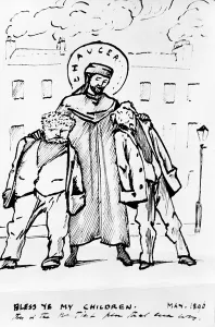 William Morris and Edward Burne-Jones being blessed by Chaucer, cartoon, 1896 (pen & ink) William Morris and Edward Burne-Jones being blessed by Chaucer, cartoon, 1896 (pen & ink)