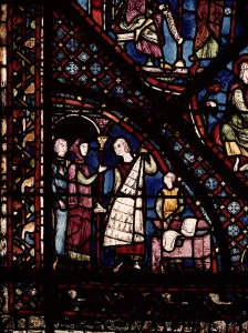 Detail of a window depicting fur traders and drapers, from the north ambulatory Detail of a window depicting fur traders and drapers, from the north ambulatory