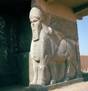 Winged human-headed bull, Neo-Assyrian Period, reign of Ashurnasirpal II (alabaster) Winged human-headed bull, Neo-Assyrian Period, reign of Ashurnasirpal II (alabaster)