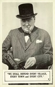 Tobacco Gallery: Winston Churchill with machine gun, cigar and hat, WW2 propaganda image (b / w photo)