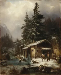 Winter landscape with figures resting near a water mill, 1866 (oil on canvas) Winter landscape with figures resting near a water mill, 1866 (oil on canvas)