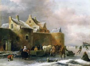 A Winter Landscape with Numerous Figures on a Frozen River Outside the Town Walls A Winter Landscape with Numerous Figures on a Frozen River Outside the Town Walls