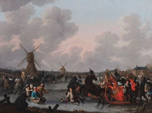 A Winter Landscape with Numerous Horse-Drawn Sleighs on the Ice, 1662 (oil on canvas)