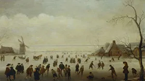 Winter landscape with numerous skaters, golf players and peasants on frozen waterways Winter landscape with numerous skaters, golf players and peasants on frozen waterways