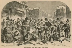 A winter scene in the London streets - hot and cold: a contrast (engraving) A winter scene in the London streets - hot and cold: a contrast (engraving)