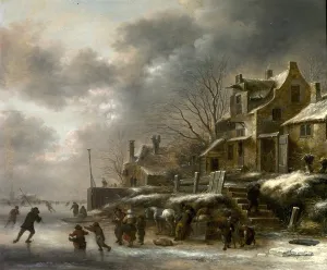 Winter Scene, River with Figures Skating, 1671 (oil on wood) Winter Scene, River with Figures Skating, 1671 (oil on wood)