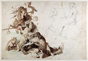 A Wolf and Fox Hunt (The European Hunt) (chalks with wash on paper) A Wolf and Fox Hunt (The European Hunt) (chalks with wash on paper)