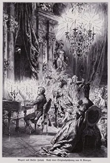 Wolfgang Amadeus Mozart playing to Emperor Joseph II of Austria at the Schonbrunn Palace, Vienna, 1787 (engraving) Wolfgang Amadeus Mozart playing to Emperor Joseph II of Austria at the Schonbrunn Palace, Vienna, 1787 (engraving)