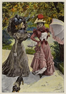 Amitie Gallery: Woman admiring the fabric of her friends dress (colour litho)