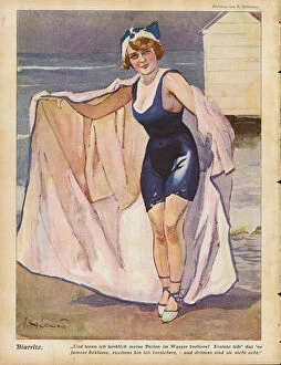 Woman on the beach at Biarritz (colour litho)