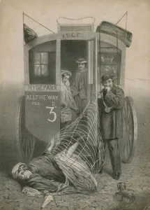 A woman catches her skirt on a handle and falls from a carriage (engraving) A woman catches her skirt on a handle and falls from a carriage (engraving)