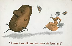 Woman chasing a potato (colour litho)