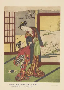 Woman and Child with Kitten (colour woodblock print) Woman and Child with Kitten (colour woodblock print)
