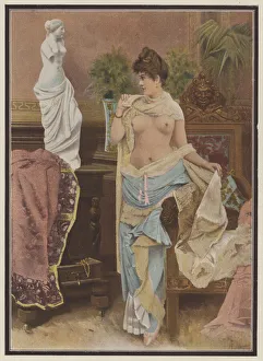 Woman comparing herself with a statue of Venus de Milo (colour litho) Woman comparing herself with a statue of Venus de Milo (colour litho)