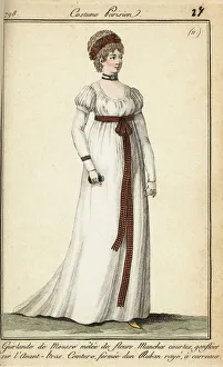 Woman in the fashions of 1798 with short hair under a garland (handcoloured copperplate engraving) Woman in the fashions of 1798 with short hair under a garland (handcoloured copperplate engraving)