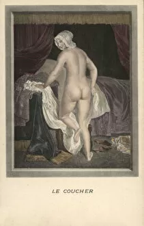 Woman getting into bed (colour litho)