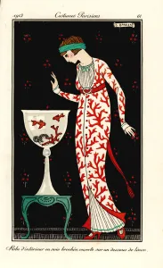 Woman in house gown of coral-print silk over a linen petticoat. Aquarium with coral and goldfish Woman in house gown of coral-print silk over a linen petticoat. Aquarium with coral and goldfish