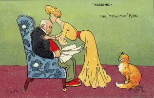 Woman kissing her cantankerous husband (colour litho) Woman kissing her cantankerous husband (colour litho)