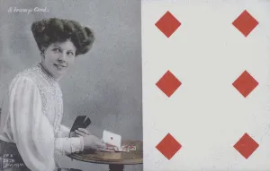 Woman with playing cards and the six of diamonds (colour litho) Woman with playing cards and the six of diamonds (colour litho)