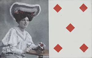 Woman with playing cards and the five of diamonds (colour litho)
