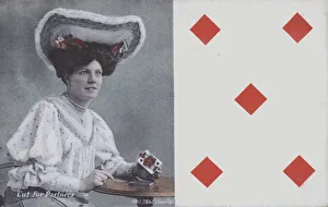 Woman with playing cards and the five of diamonds (colour litho) Woman with playing cards and the five of diamonds (colour litho)