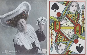 Woman with playing cards, and the Queen of Spades (colour litho)