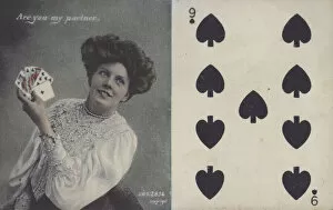 Woman with playing cards and the nine of spades (colour litho)