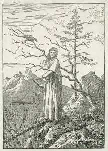 Woman with a Raven, on the Edge of a Precipice (woodcut) Woman with a Raven, on the Edge of a Precipice (woodcut)