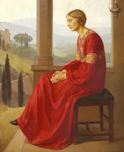 A woman in a red dress sitting on a terrace in an Italian landscape, 1909 (oil on canvas) A woman in a red dress sitting on a terrace in an Italian landscape, 1909 (oil on canvas)