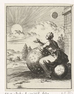 Woman Seated on a Earth Globe and Leaning on a Celestial Globe Looking at the Sunset