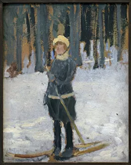 20 20e 20eme Xx Xxe Xxeme Siecle Gallery: Woman skiing in the forest. Artwork by Karel Spillar (1871-1939), oil on cardboard, 1920