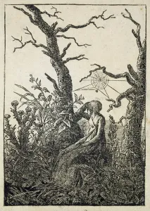 The Woman with a Spiders Web in the middle of Leafless Trees (woodcut) The Woman with a Spiders Web in the middle of Leafless Trees (woodcut)