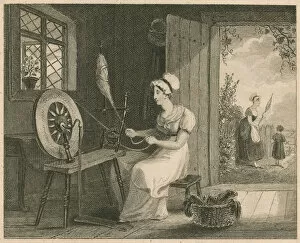 Woman spinning flax (engraving)