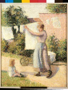 Woman stretching linen Painting by Camille Pissarro (1830-1903) 1887. Dim Woman stretching linen Painting by Camille Pissarro (1830-1903) 1887. Dim