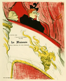 A woman in a theatre dressing room using a pair of binoculars. Poster for the Missionary, play by Marcel Luguet A woman in a theatre dressing room using a pair of binoculars. Poster for the Missionary, play by Marcel Luguet