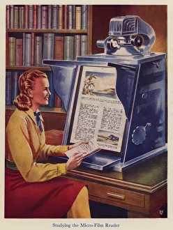 Central Library Gallery: Woman using a microfilm reader (colour litho)