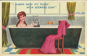Field Sports Gallery: A woman washing her cat in the bath (colour litho)
