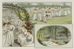 Women Cadbury's workers enoying their leisure time and waterfall, Bournville, Birmingham (chromolitho) Women Cadbury's workers enoying their leisure time and waterfall, Bournville, Birmingham (chromolitho)