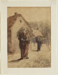 Loads Gallery: Women Carrying Loads of Dried Grasses at the Entrance to a Village, 1850s (charcoal)