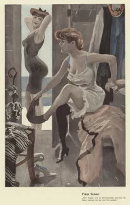 Two women in the changing room at a swimming baths (colour litho) Two women in the changing room at a swimming baths (colour litho)