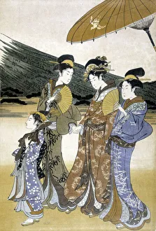Three women and children, Japanese print, 19th century Three women and children, Japanese print, 19th century
